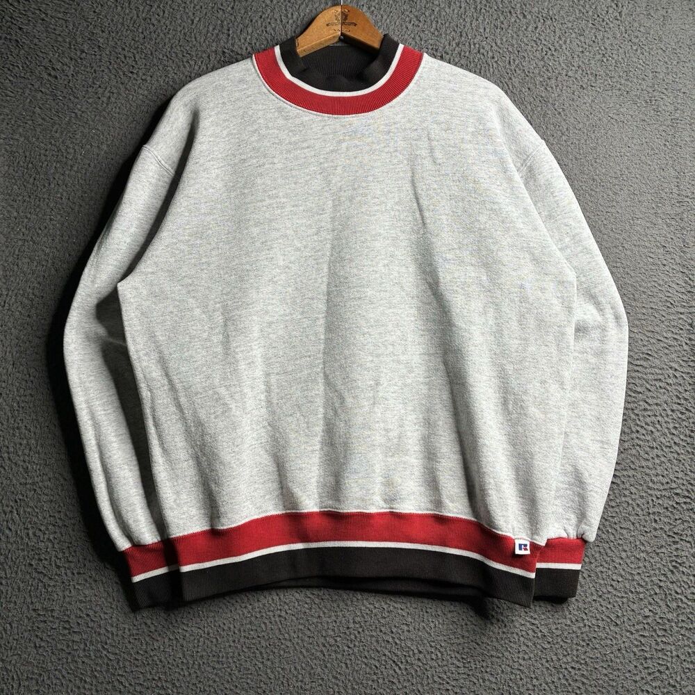VTG 90s Russell Athletic Gray w/ Striped Cuff Collar Sweatshirt USA Made Large